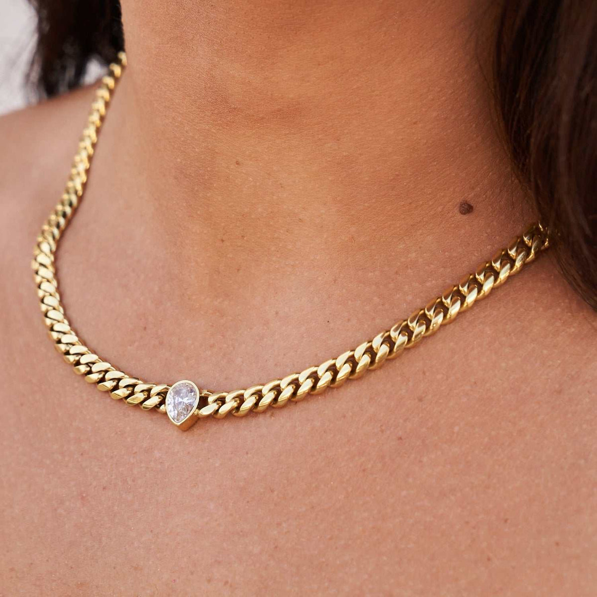Pear Cut Stone Miami Cuban Necklace - Gold