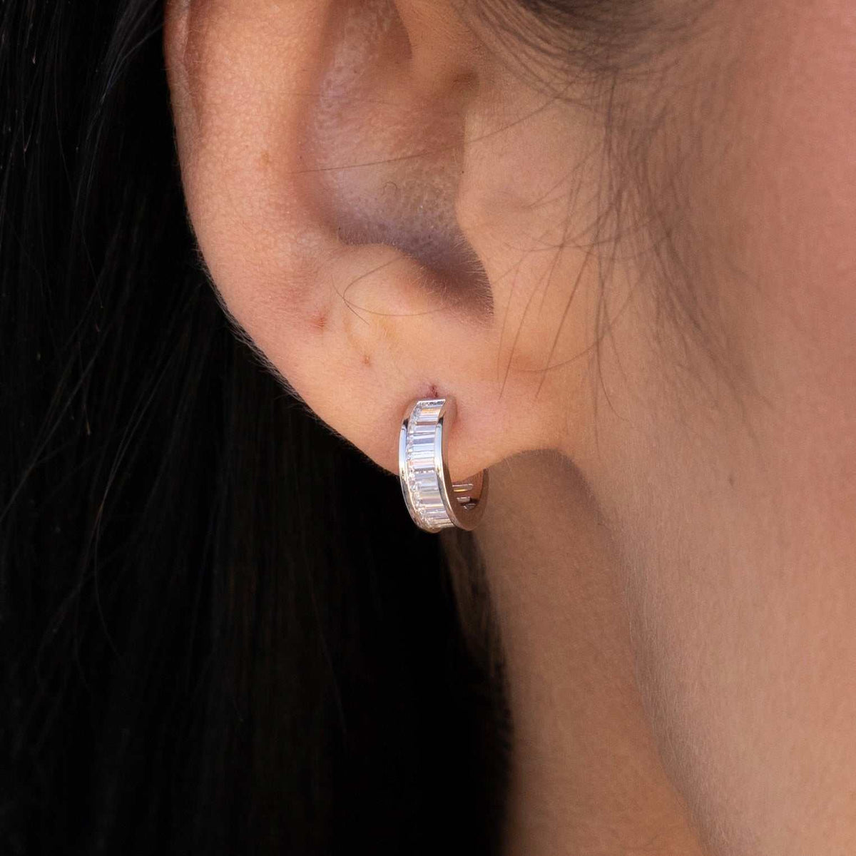GLD Baguette Hoop Stud Earrings in White Gold