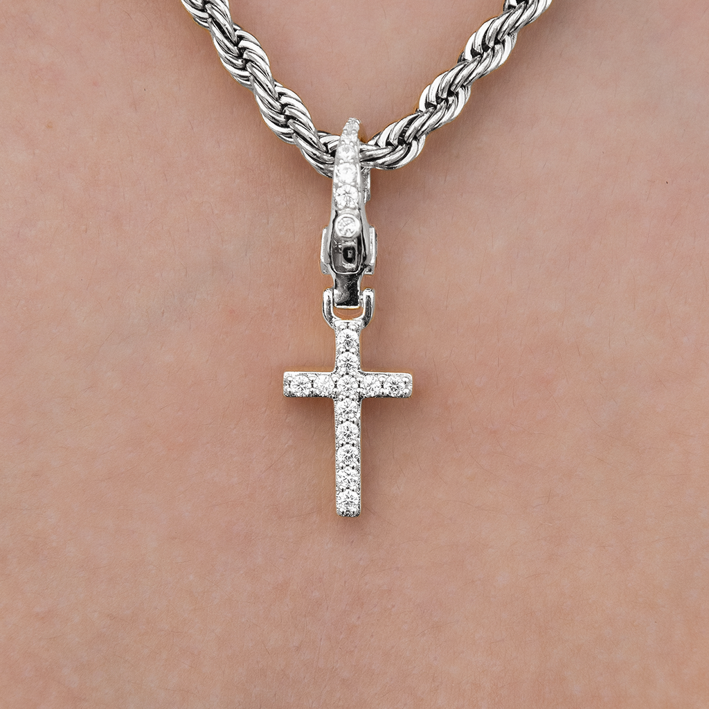 Iced Micro Cross Clip On Charm  Pendant in White Gold