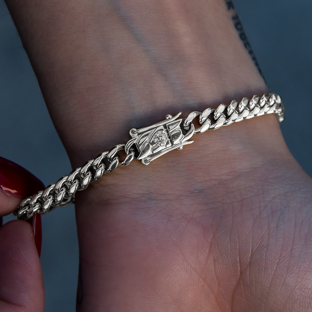 GLD Round Stone Station Cuban Bracelet in White Gold
