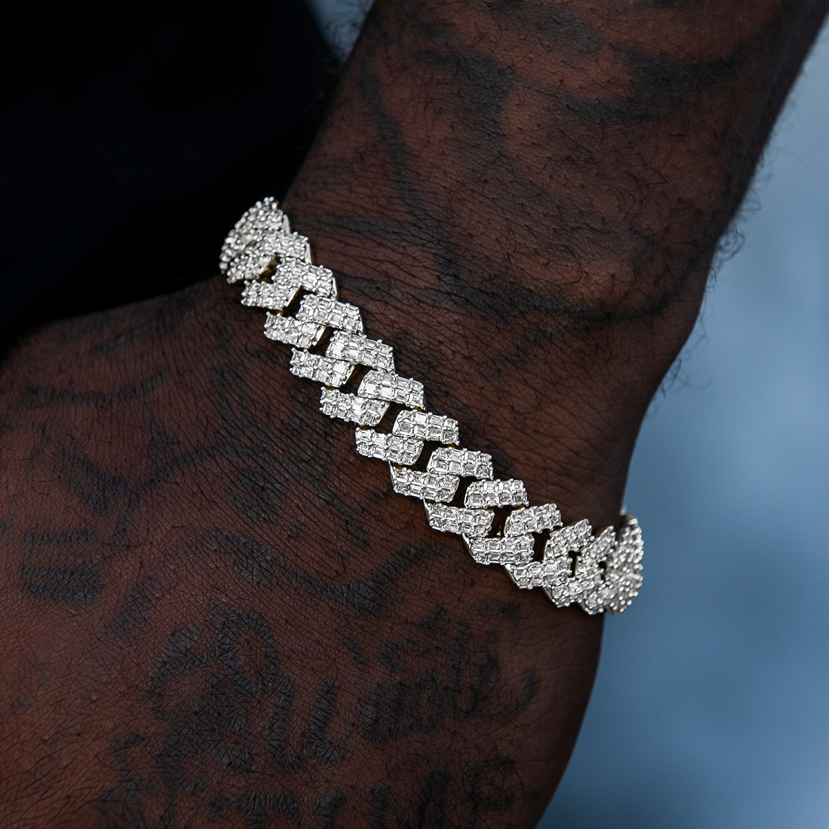 12MM Prong Baguette Cuban Bracelet - White Gold