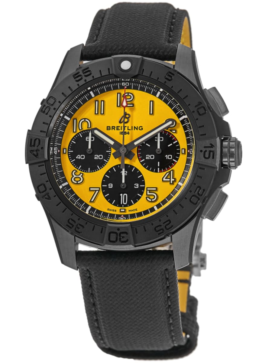 Breitling Avenger B01 Chronograph 44 Night Mission Automatic Yellow Dial Black Leather Strap Men's Watch SB0147101I1X2