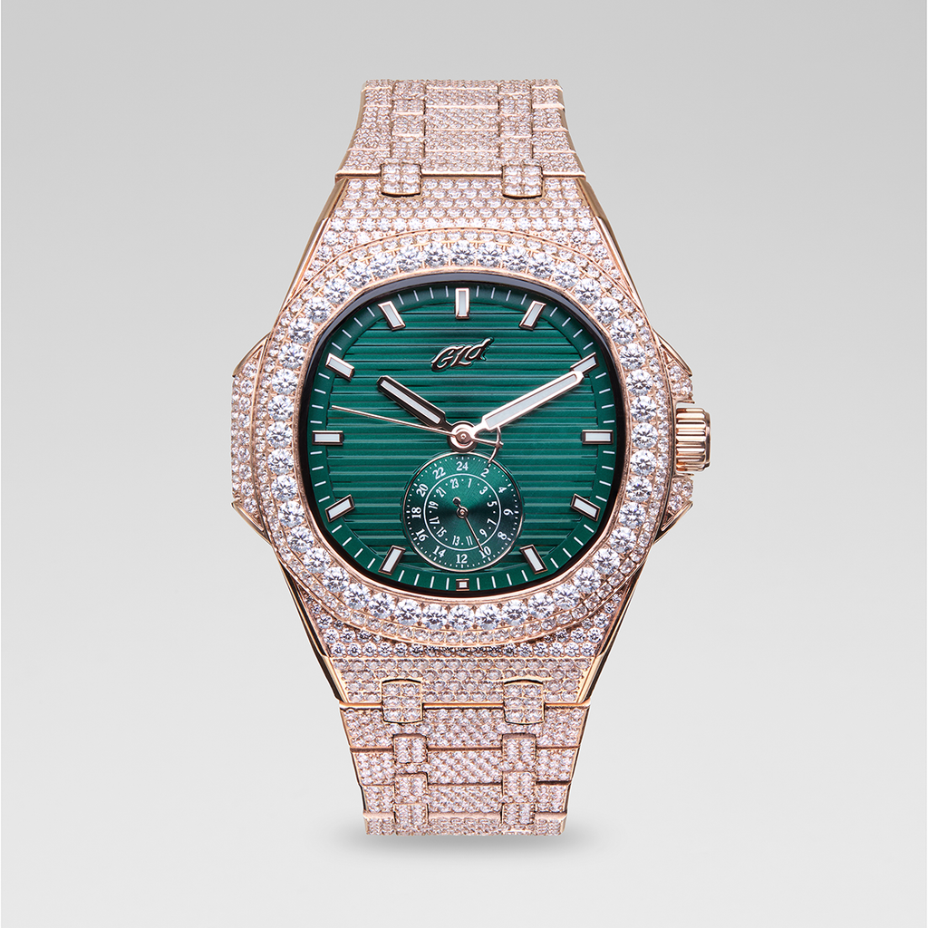 39MM Visionary Fully Iced Case & Green Dial Watch - Rose Gold