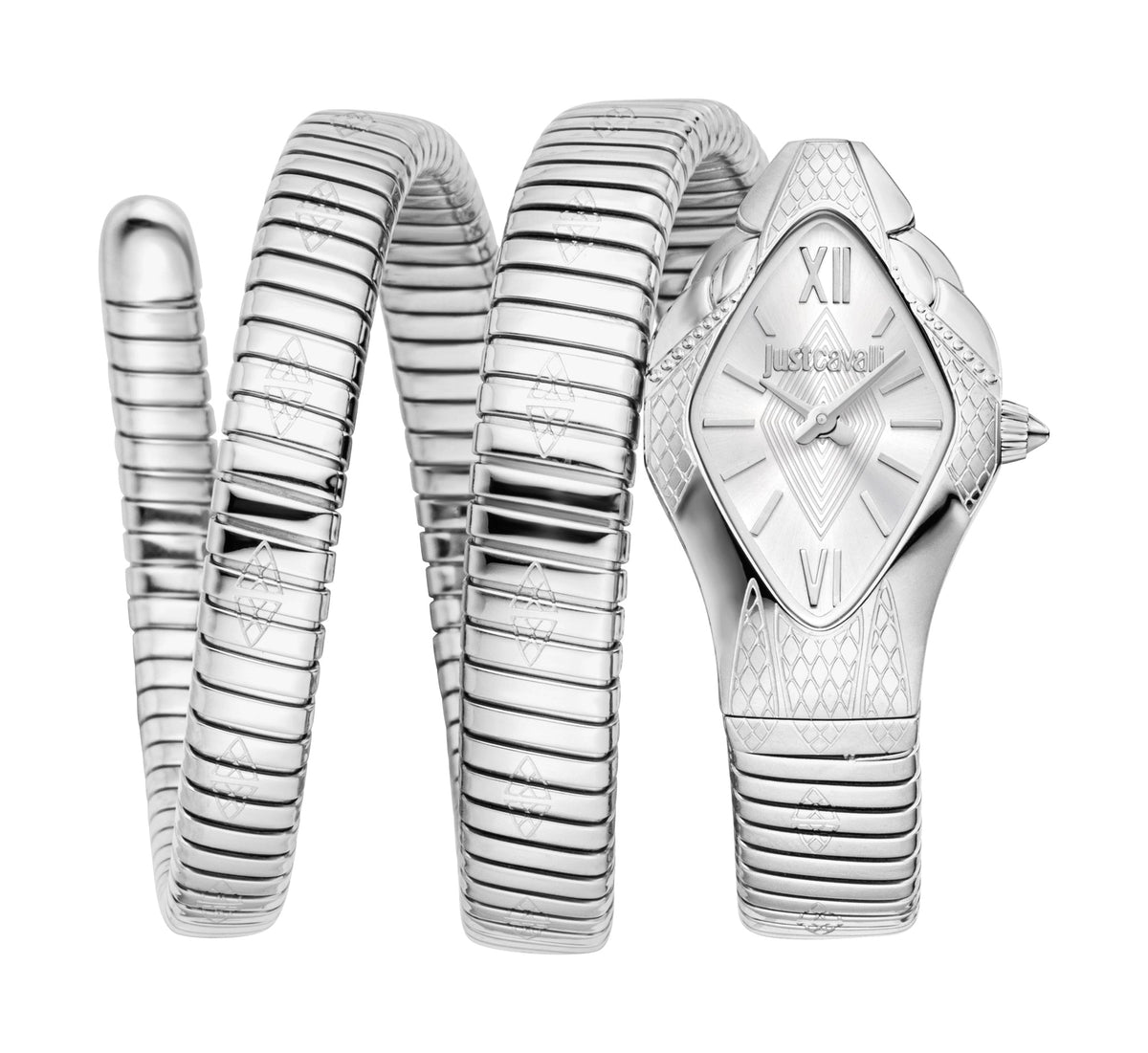 JUST CAVALLI Womens's Snake Watch, Silver Color Case, Silver Dial, Stainless Steel Bracelet