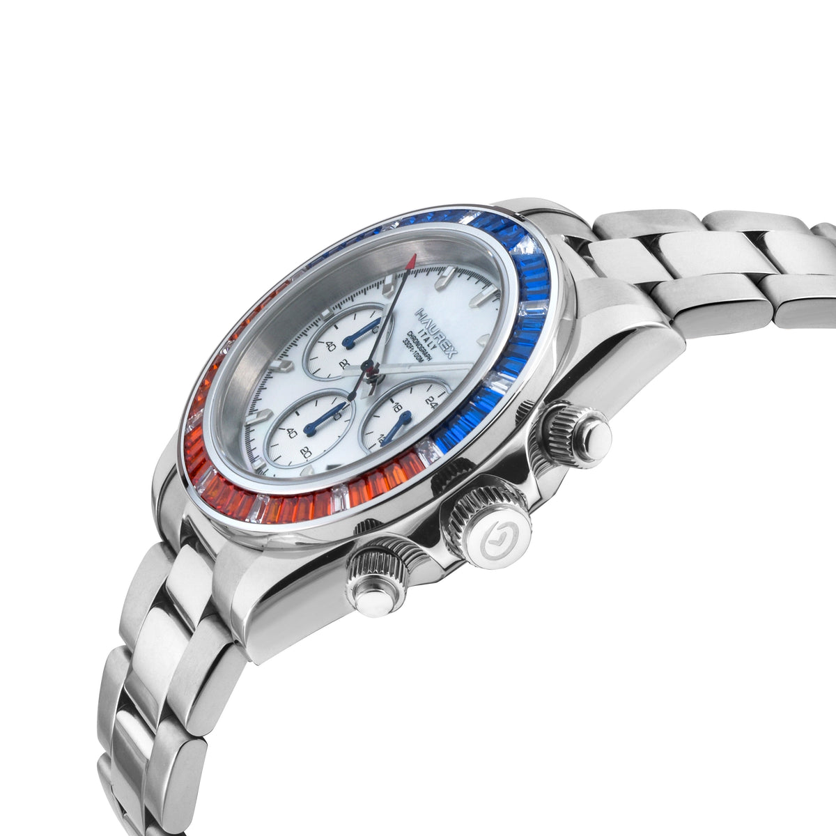 Haurex Italy:Arcobaleno 316L Stainless Steel Case, Blue/Orange Bezel, White Dial, Stainless steel Bracelet Watch