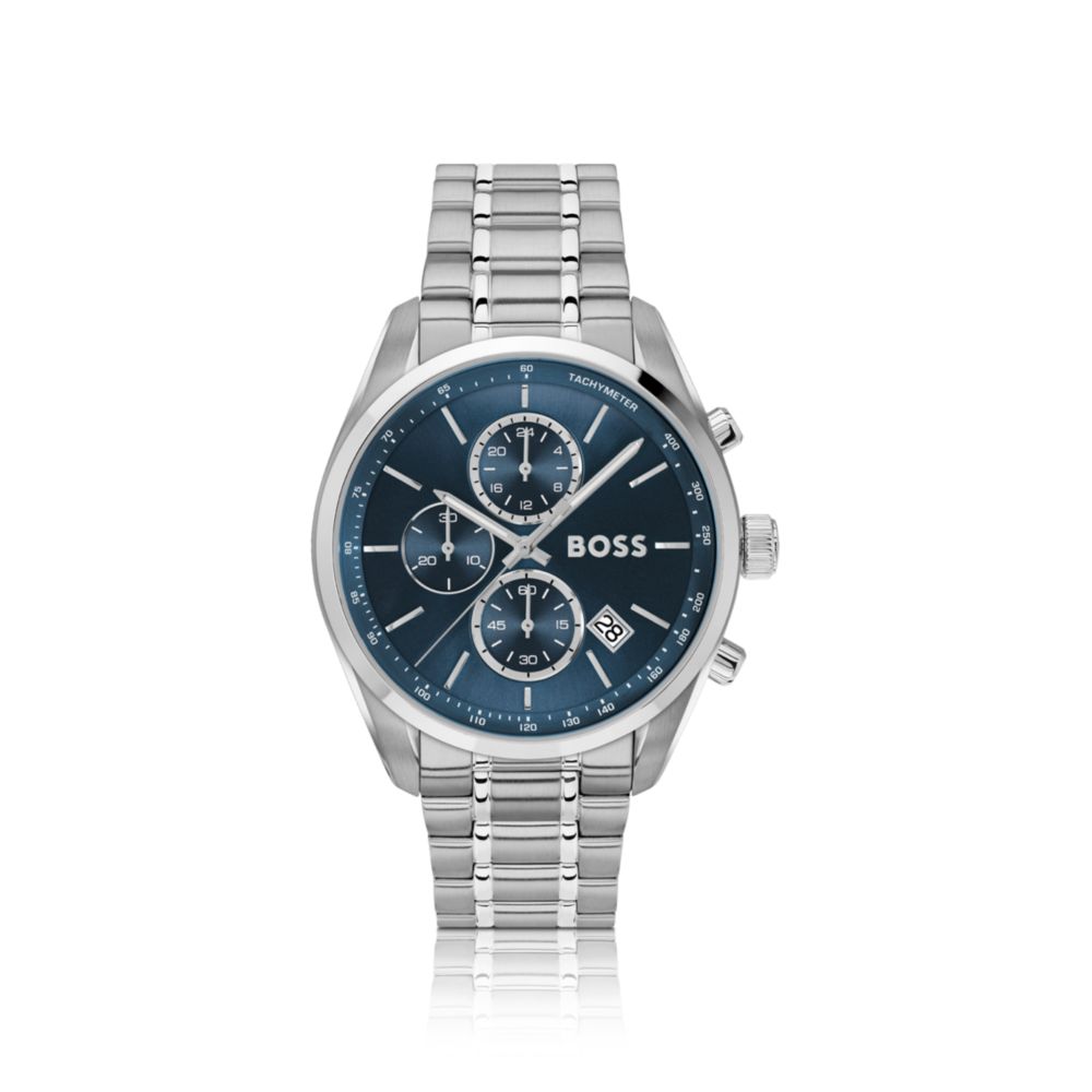 Blue-dial chronograph watch in silver-tone steel