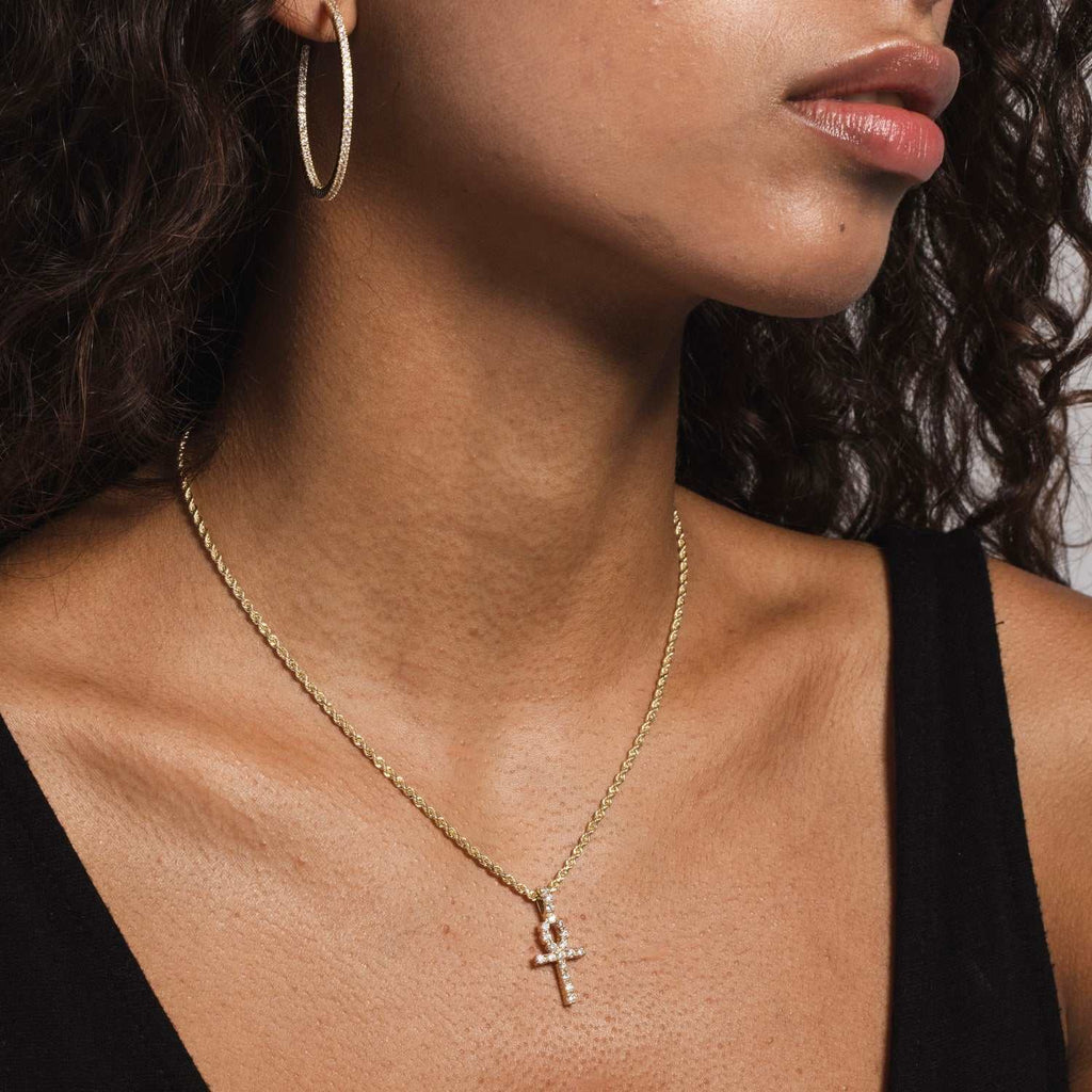 Solid Gold Micro Ankh Cross Pendant-VS Diamonds