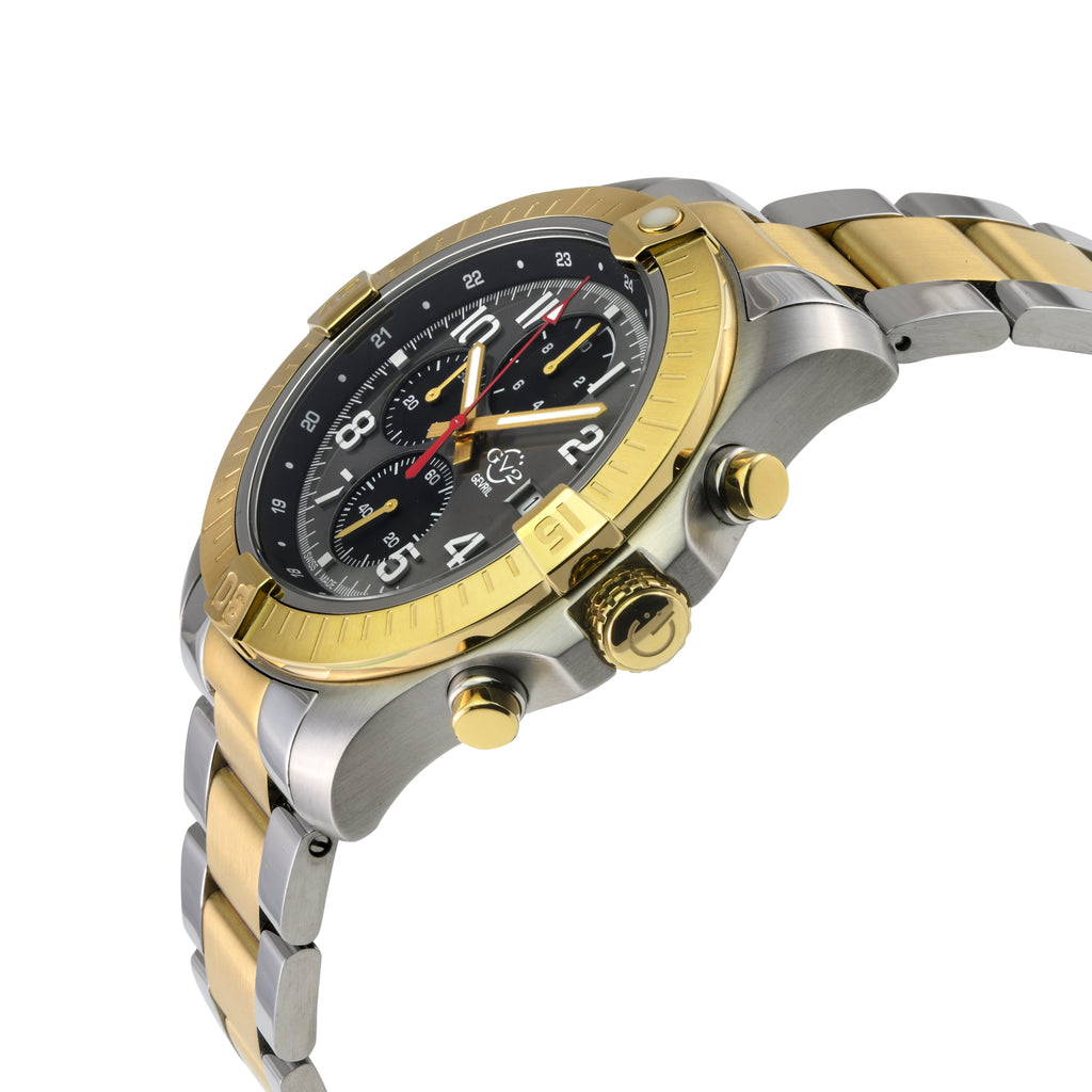 GV2 Men's T38 SS Case, IPYG  Bezel ring, Enamel Gray Dial with White print, 3 Black sub dial, Two toned IPYG/316L Staineless Steel Bracelet Watch.