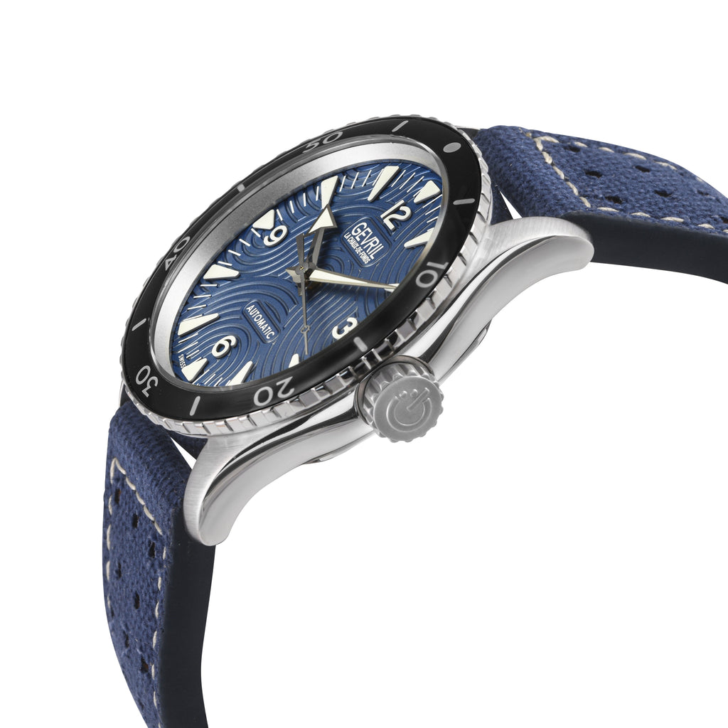 Gevril Men's Franklin 316L Stainless Steel Case ,Black Acrylic Bezel, Blue Dial, Blue Canvas Strap Watch