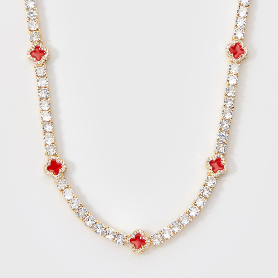 Red Clover Tennis Chain + Bracelet (Gold) - 4mm
