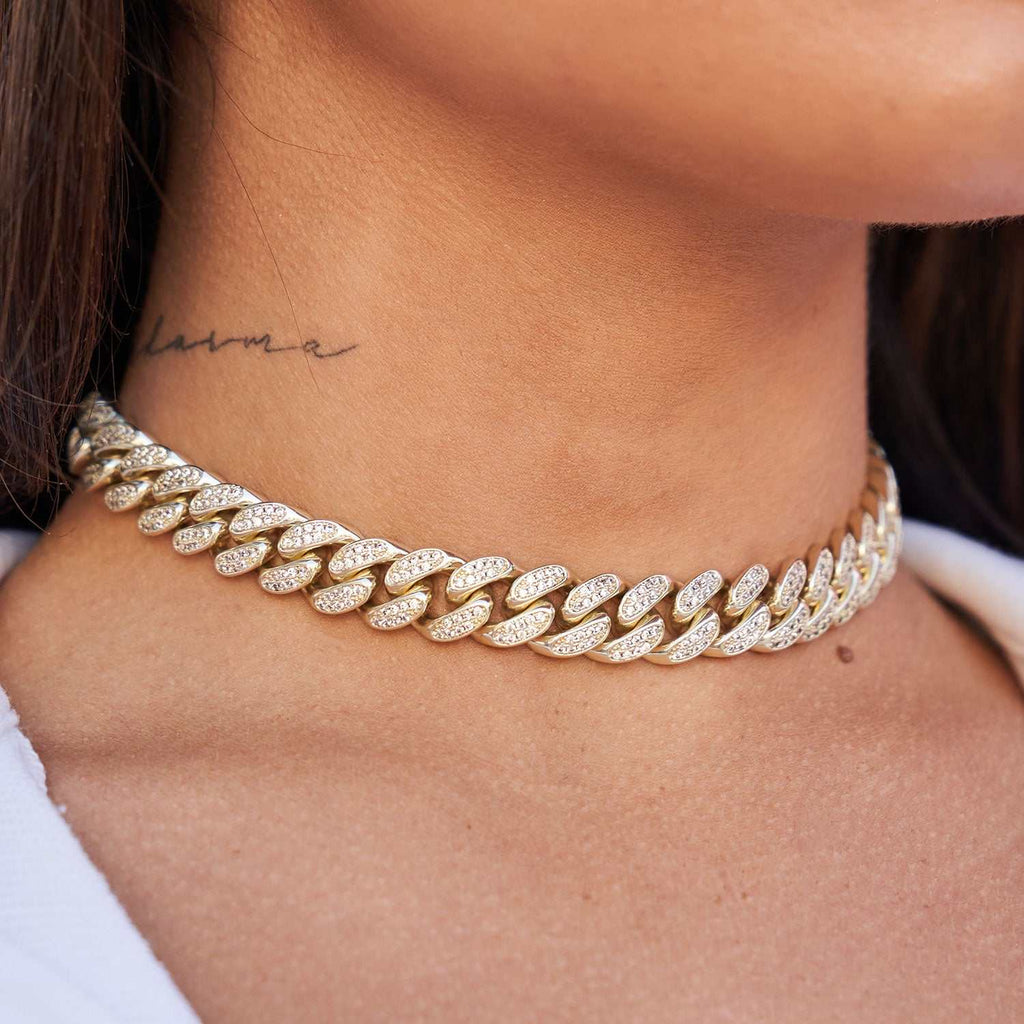 GLD Diamond Cuban Link Choker in Yellow Gold - 12mm