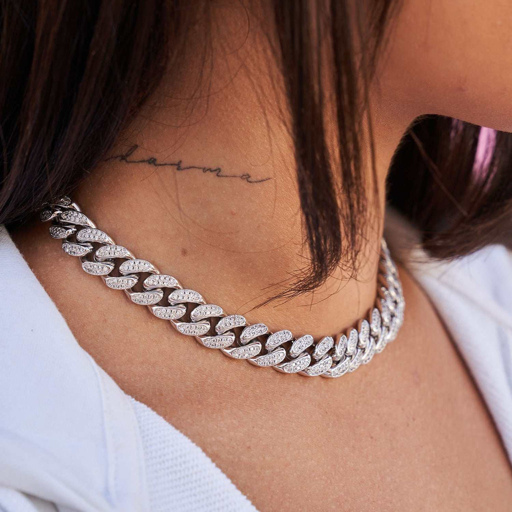 GLD Diamond Cuban Link Choker in White Gold - 12mm