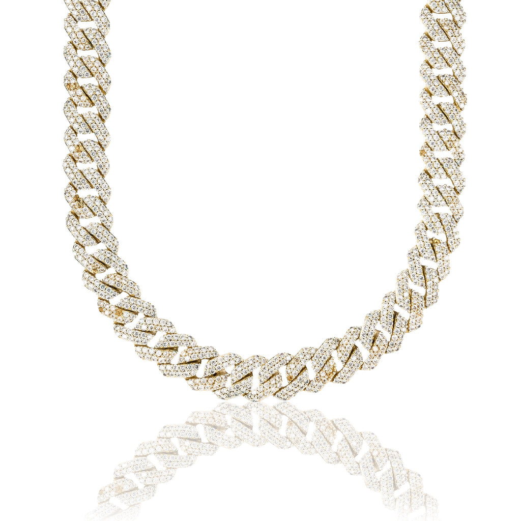Men's Moissanite Diamond Prong Cuban Chain in Yellow Gold Vermeil - 12mm