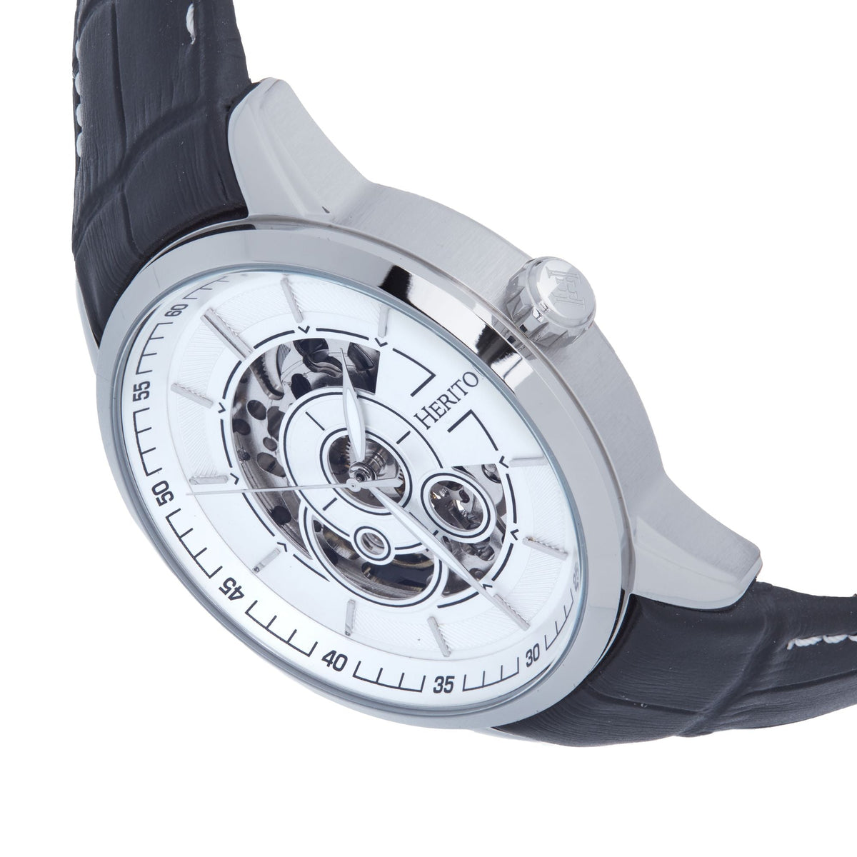 Heritor Automatic Davies Semi-Skeleton Leather-Band Watch - Silver/White