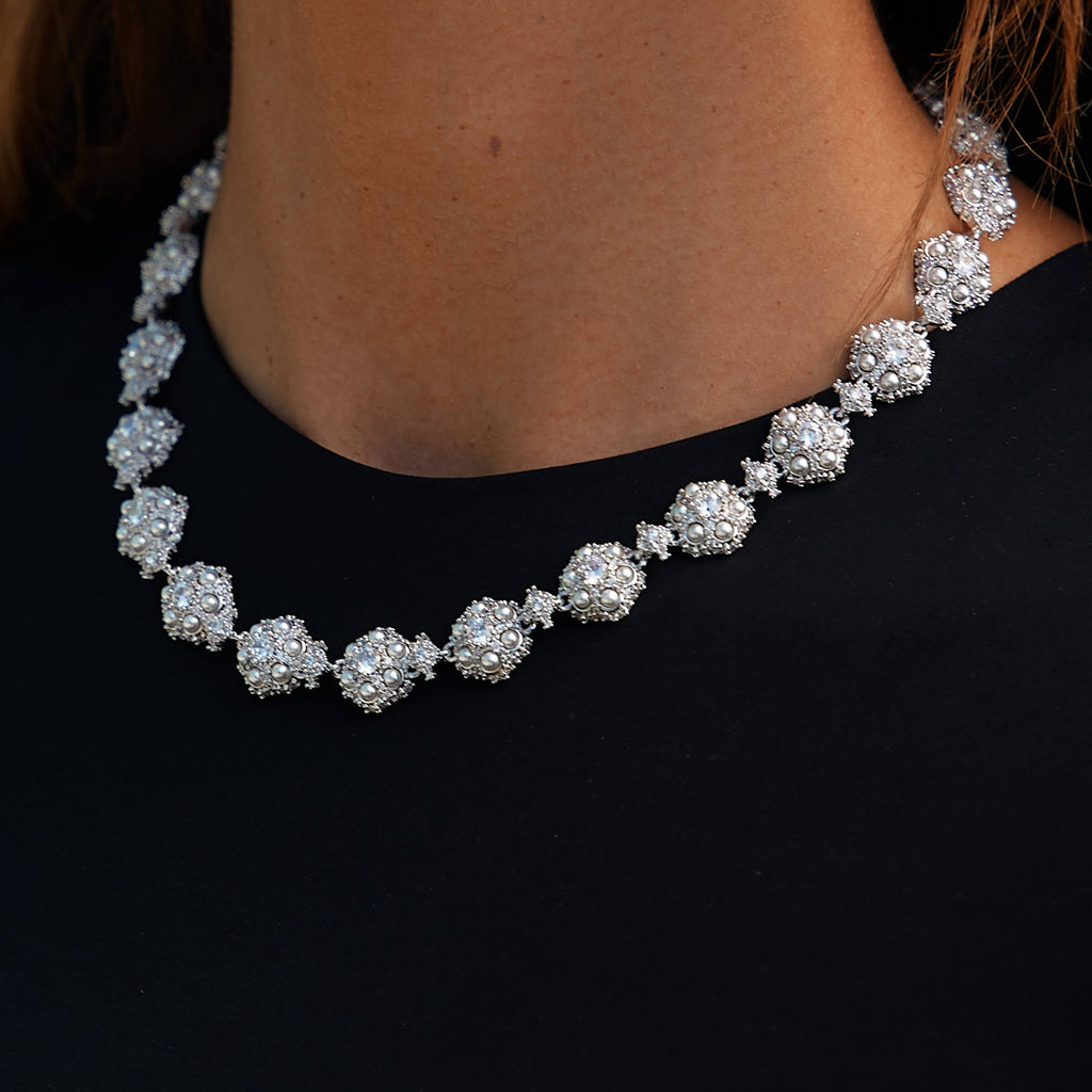 Iced Clustered Pearl Flower Necklace in White Gold - 12MM