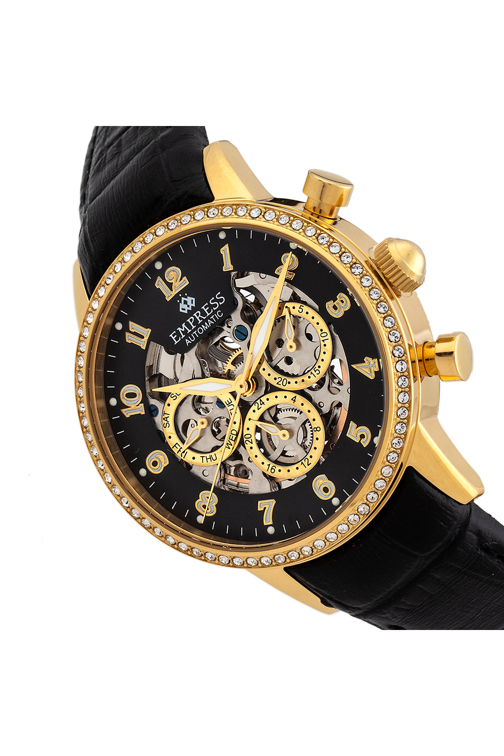 Beatrice Automatic Skeleton Dial Leather-Band Watch with Day & Date