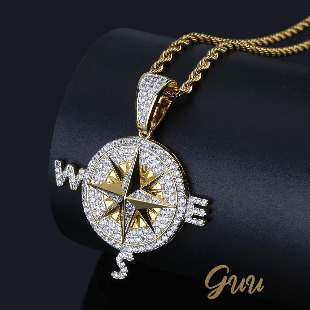 Iced Two-tone 45mm Gold-Plated  CZ  Compass  Pendant $ Cuban Link Chain