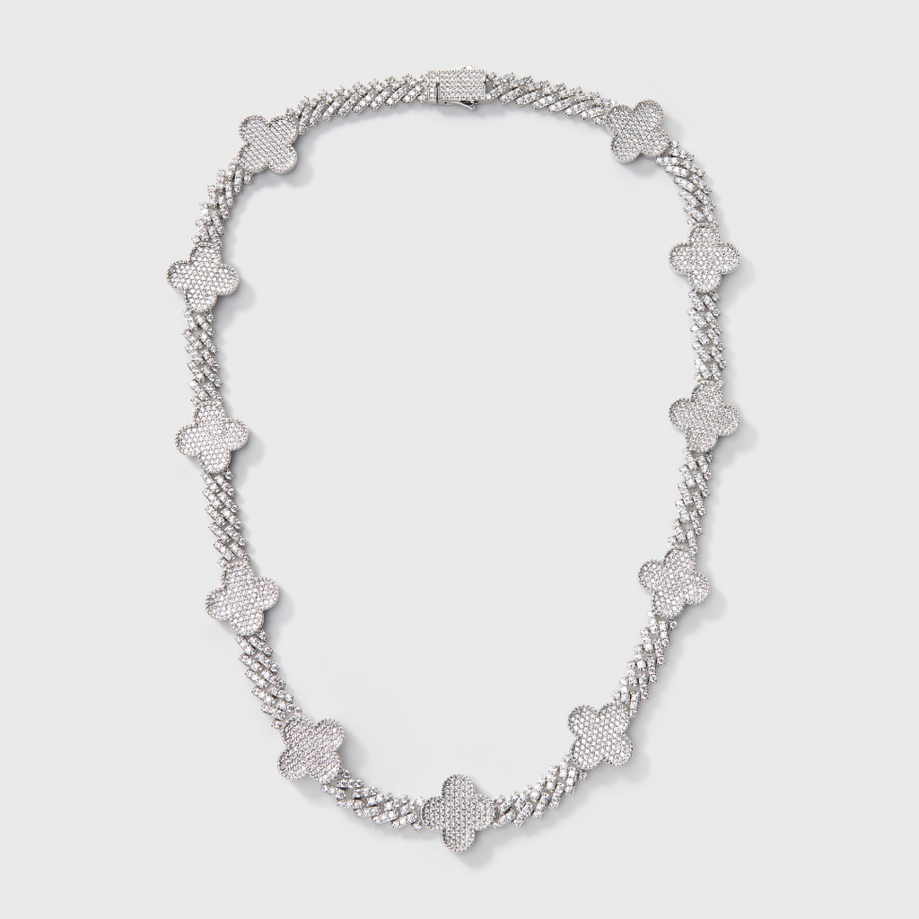 Clover Iced Prong Cuban Chain + Bracelet (Silver) - 8mm