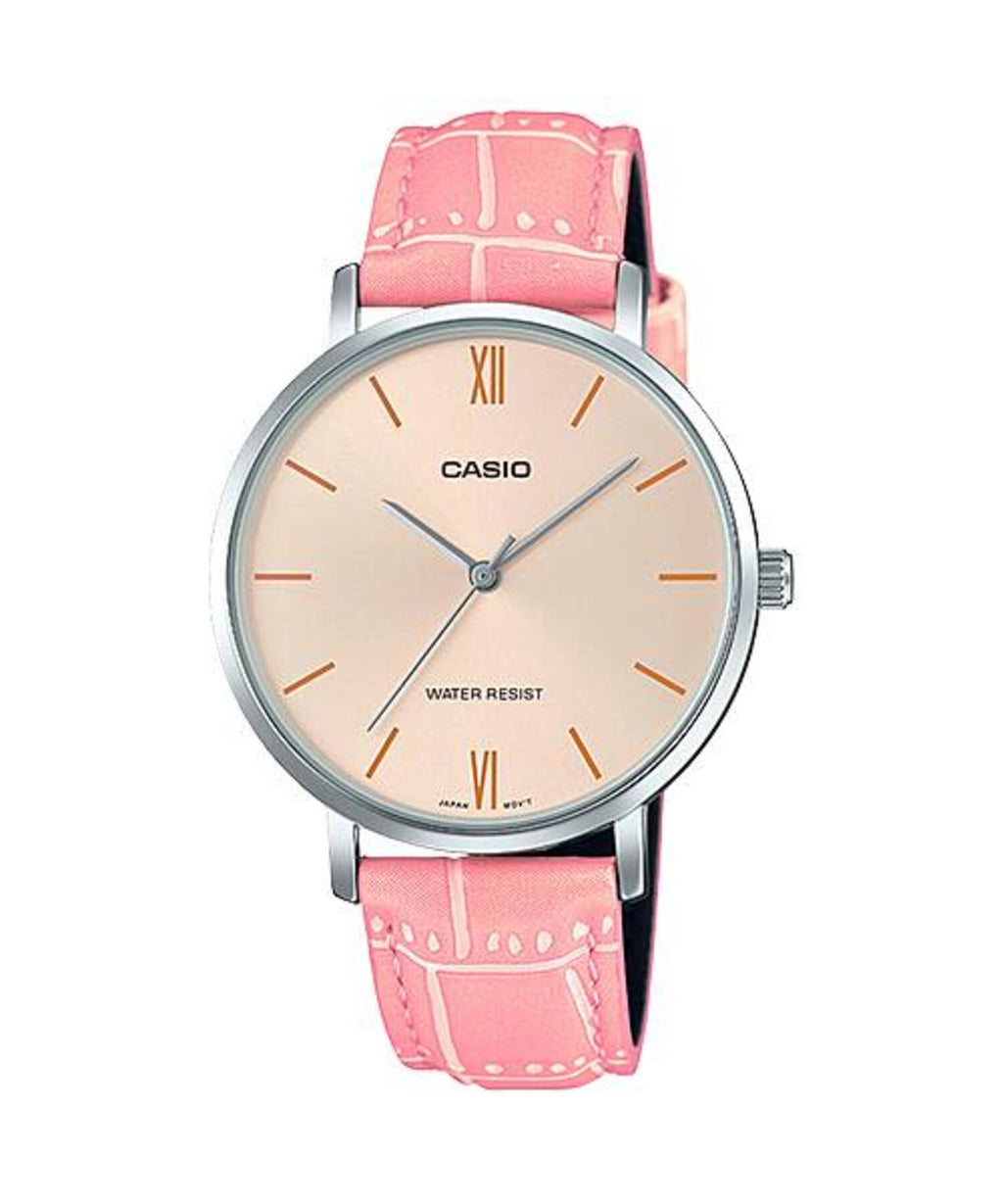Casio Women’s Pink Leather Strap Champagne Dial Analog Watch - LTP-VT01L-4BUDF