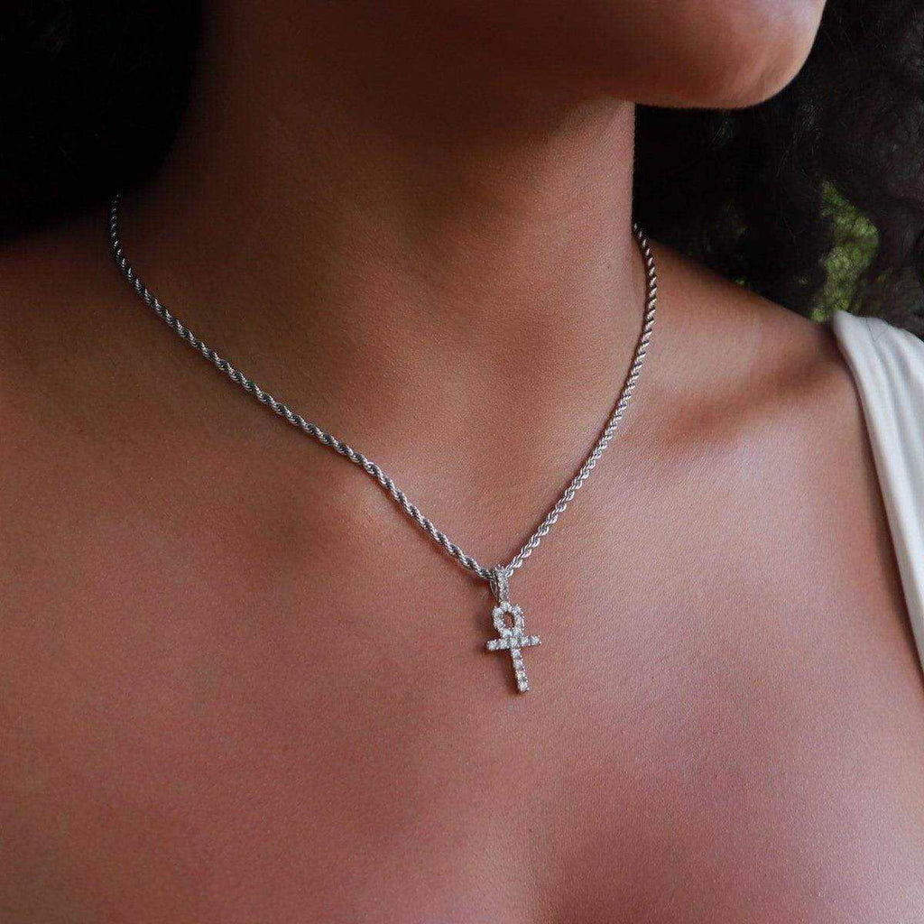 Solid White Gold Micro Ankh Cross Pendant-VS Diamonds