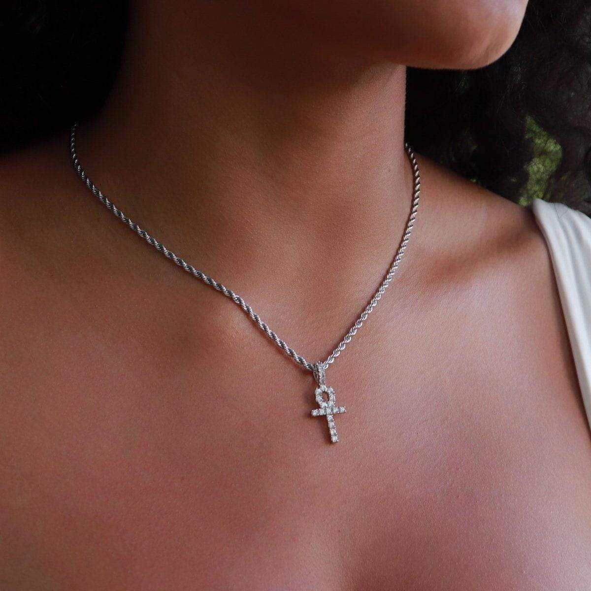Solid White Gold Micro Ankh Cross Pendant-VS Diamonds