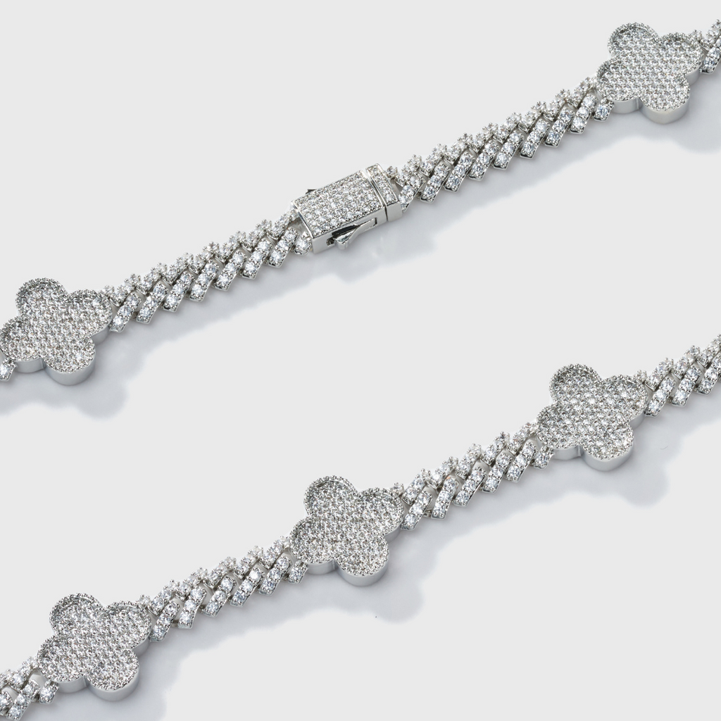 Clover Iced Prong Cuban Chain (Silver) - 8mm