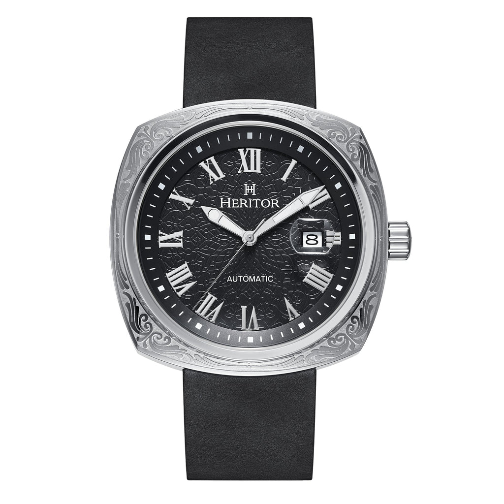 Davenport Engraved-Case Leather-Band Watch w/ Date