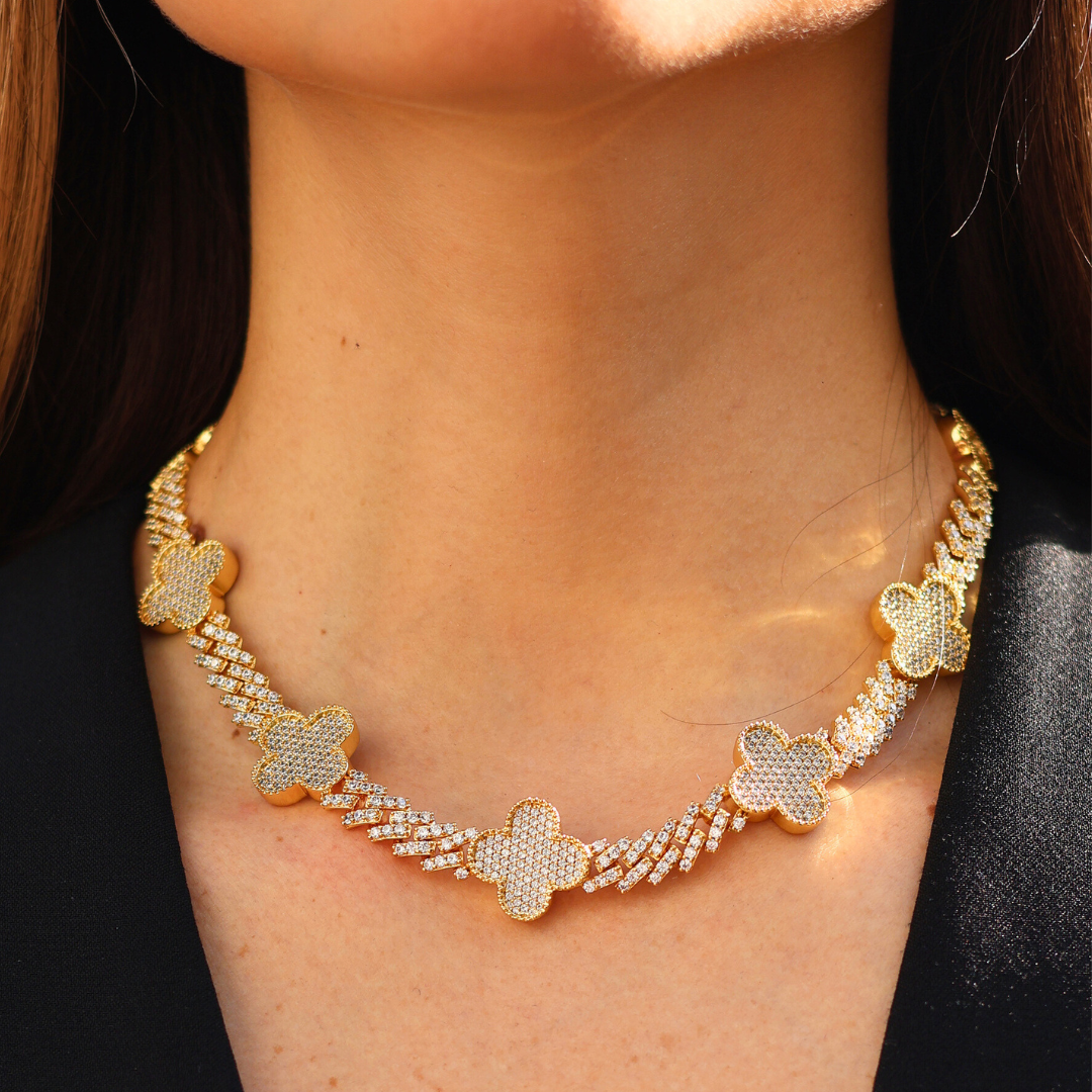 Clover Iced Prong Cuban Chain + Bracelet (Gold) - 8mm
