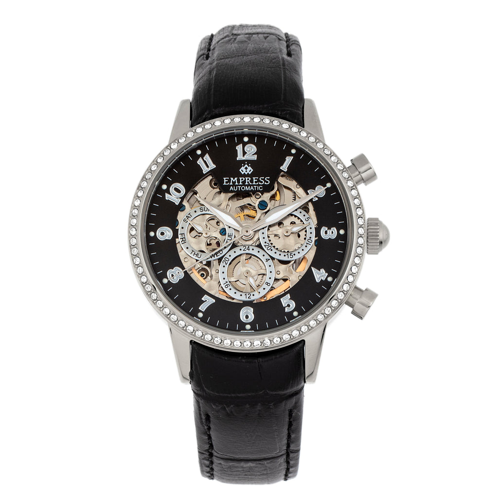 Beatrice Automatic Skeleton Dial Leather-Band Watch with Day & Date
