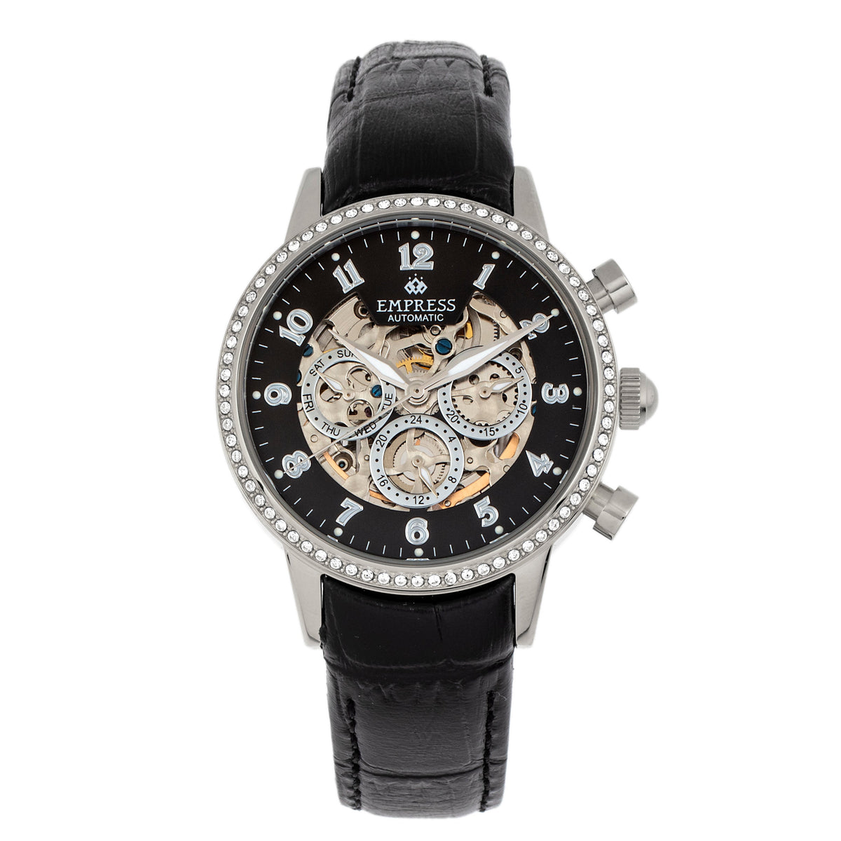 Beatrice Automatic Skeleton Dial Leather-Band Watch with Day & Date