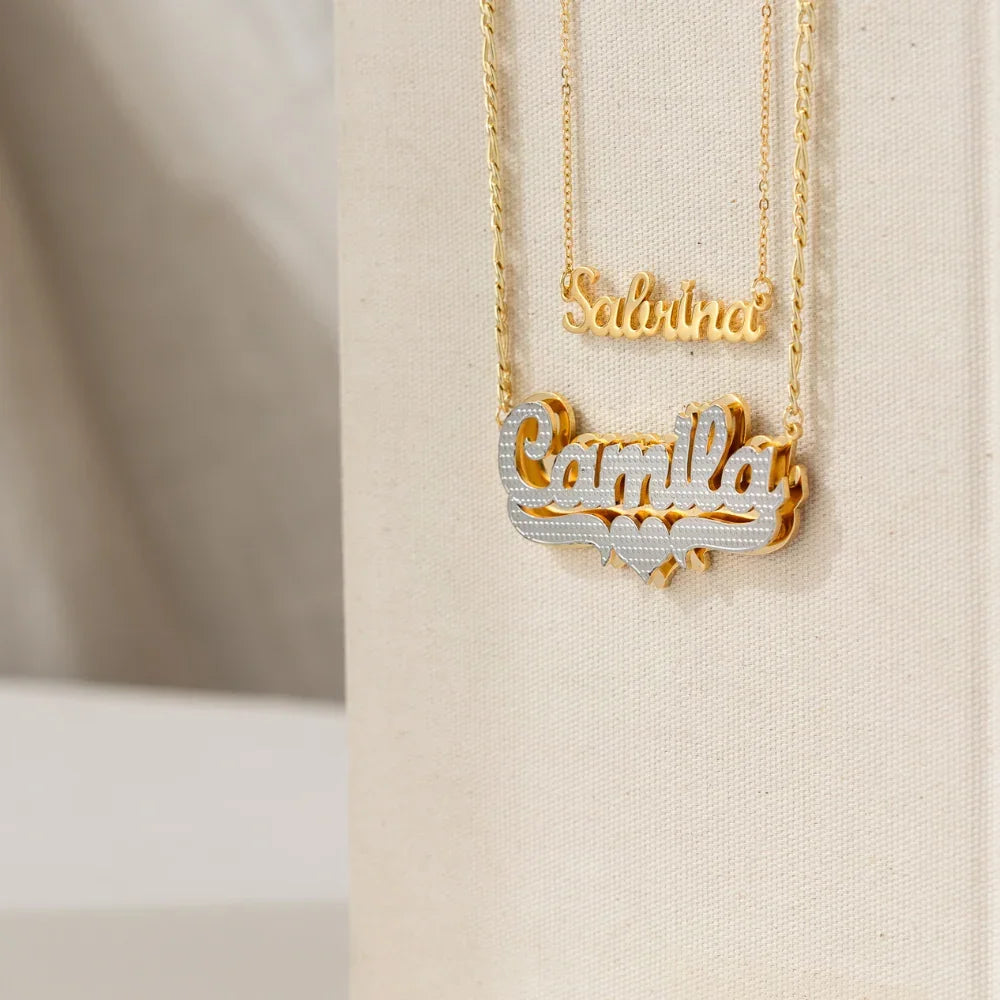 Kids Double Plated Pop Out Heart Name Necklace w/ Figaro Chain