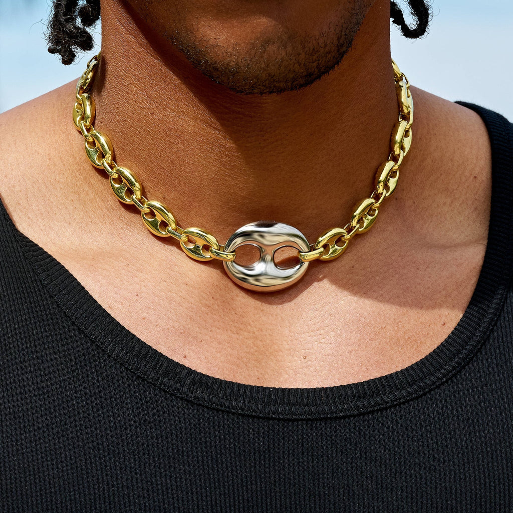 Two Tone Large Link Puffed Mariner Chain in Yellow & White Gold - 15mm