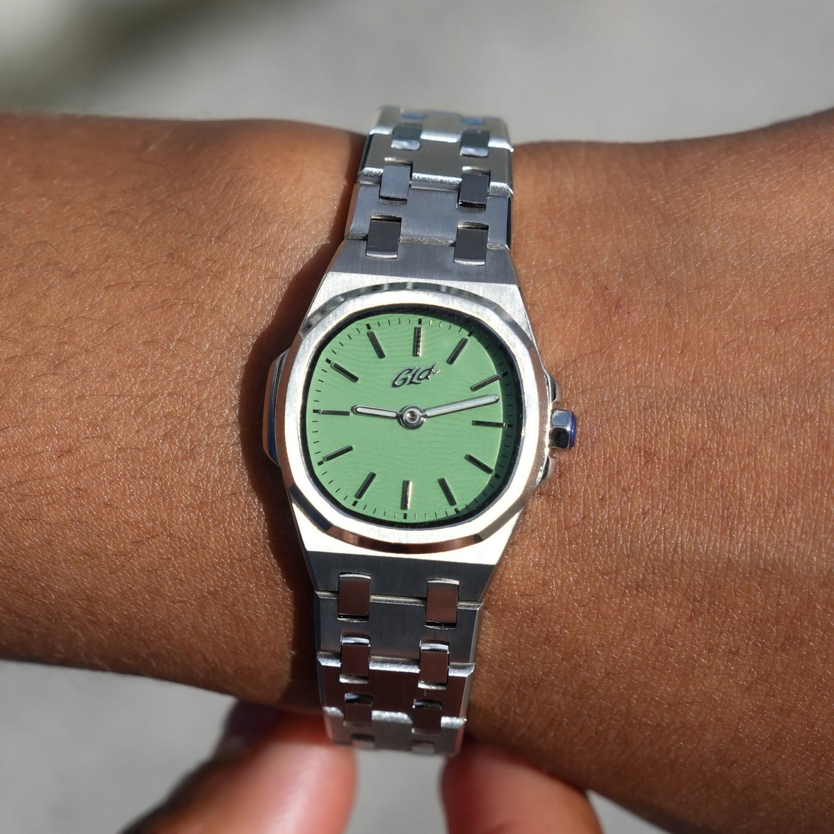 25MM Mini Visionary Stainless Steel Band Watch - White Gold - Mint Green Dial