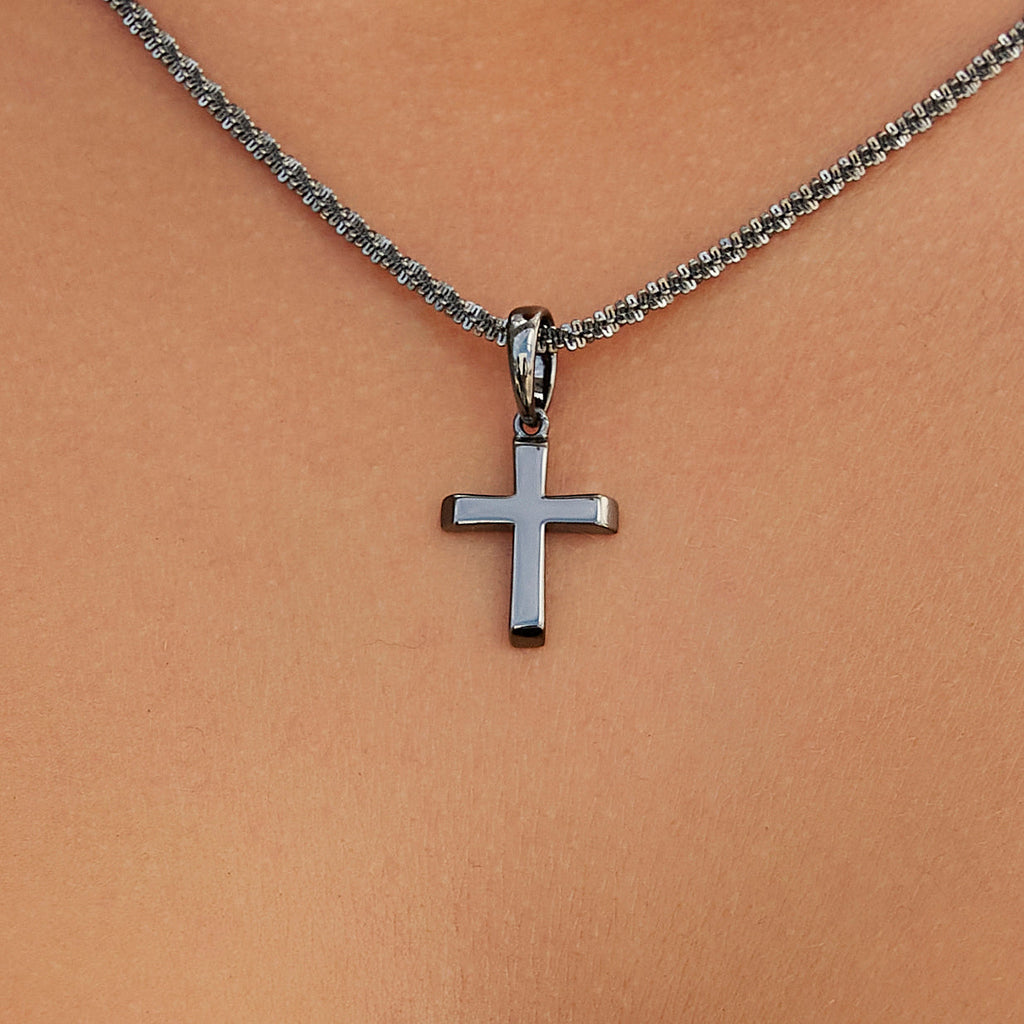 Micro Simple Cross Pendant in Black