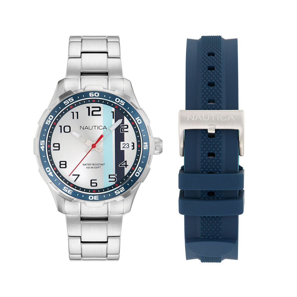 Nautica Nst Small 3-Hand Recycled Stainless Steel And Silicone Strap Watch Set