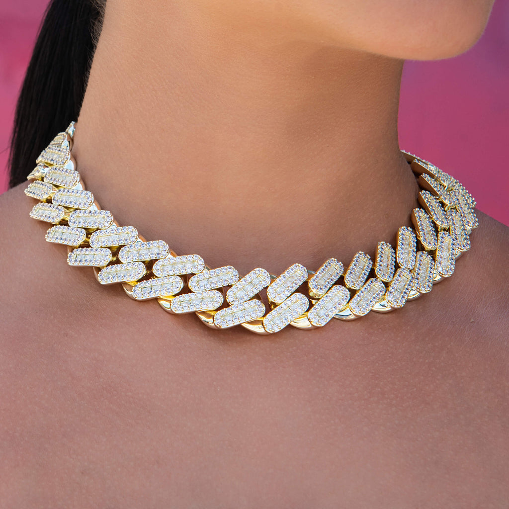 Diamond Baguette Tight Link Cuban Necklace in Yellow Gold - 19mm