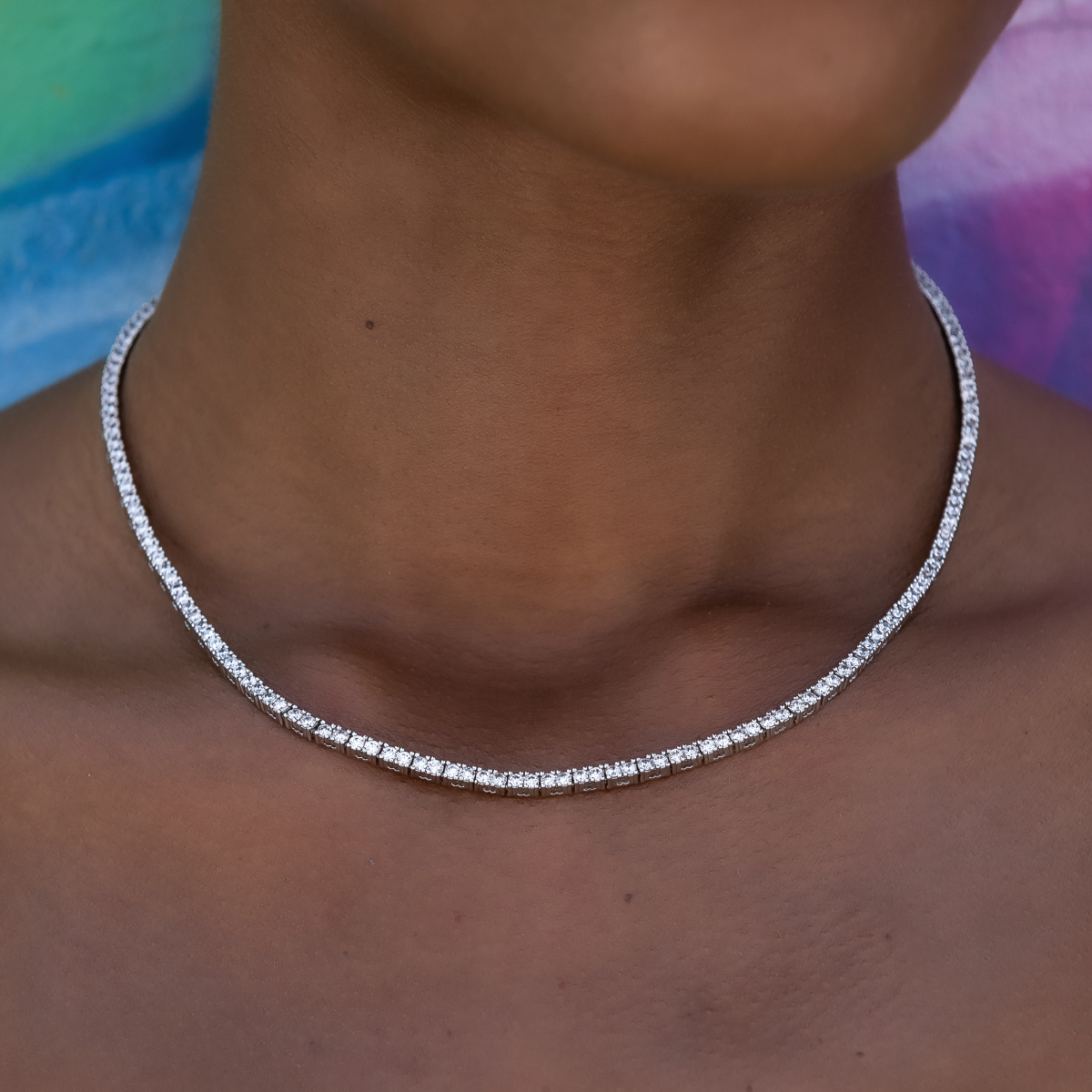 Women's Moissanite Diamond Tennis Necklace in White Gold Vermeil - 2mm