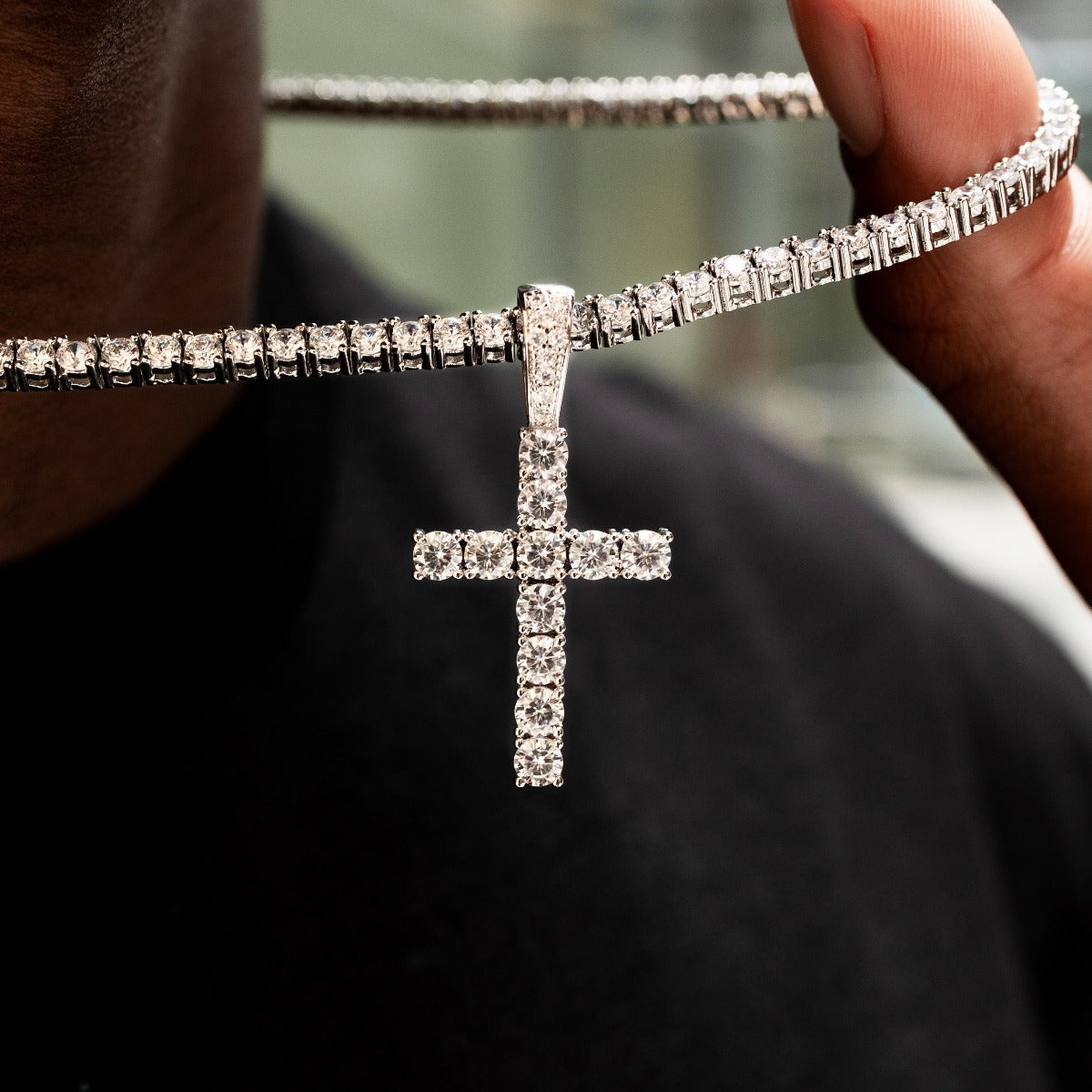 Diamond Cross Pendant + Diamond Tennis Chain in White or Yellow Gold - 3mm