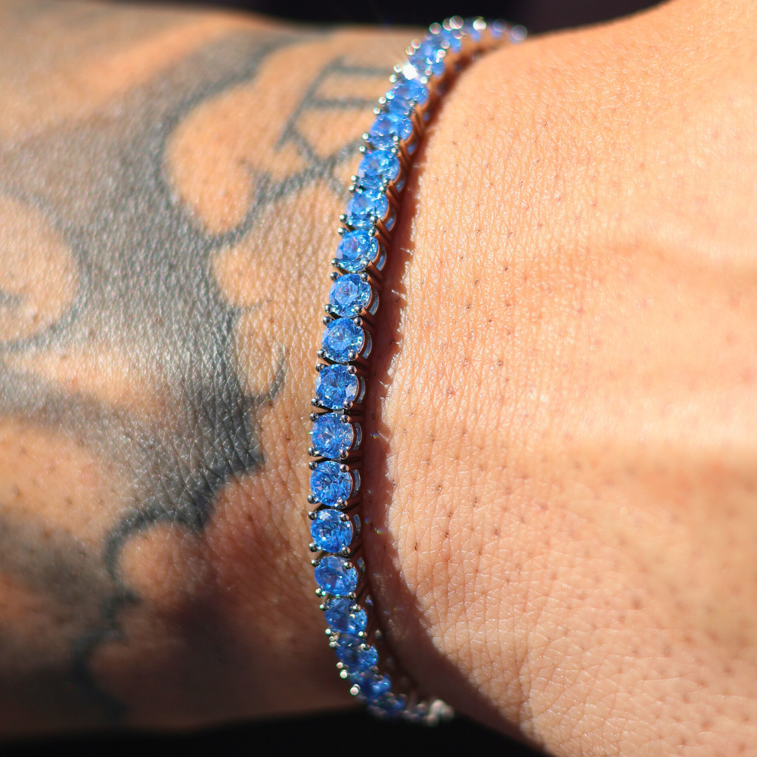 Blue Tennis Chain + Bracelet (Silver) - 4mm