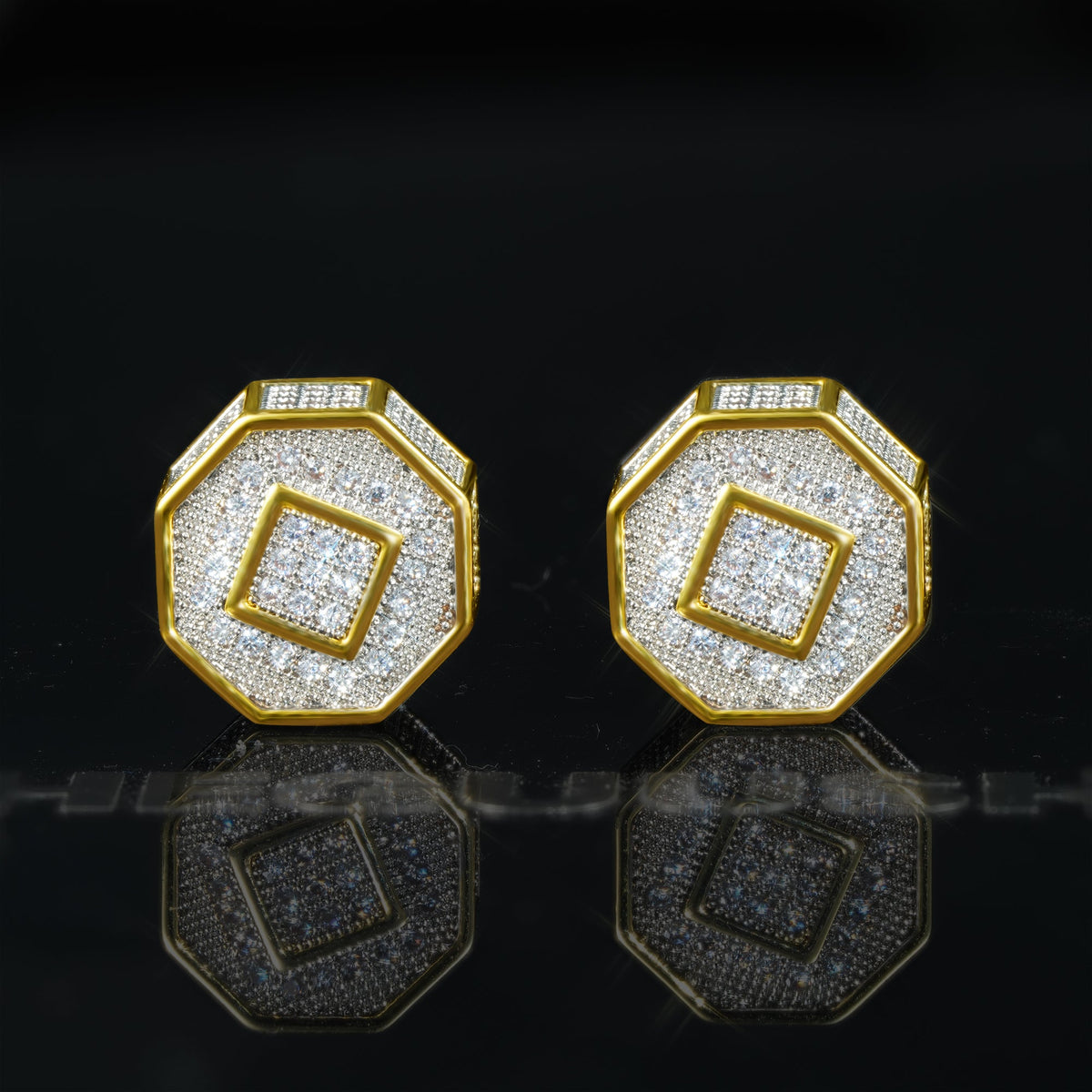 Two-tone Iced  Yellow Gold-Plated  CZ Earrings (12mm)