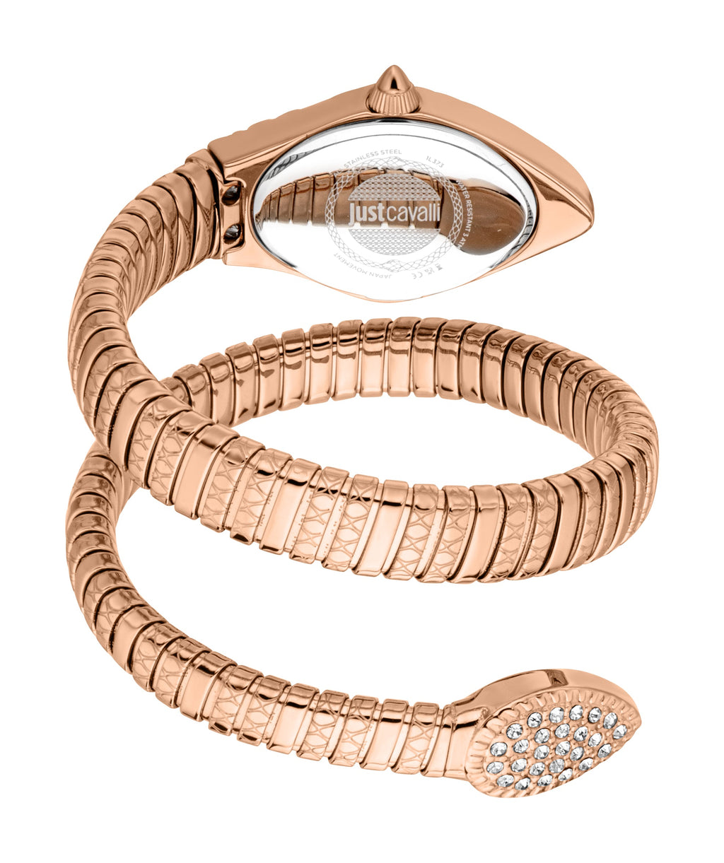 JUST CAVALLI Womens's Snake Watch, Rose Gold Color Case, Silver Dial, Rose Gold Color Stainless Steel Bracelet