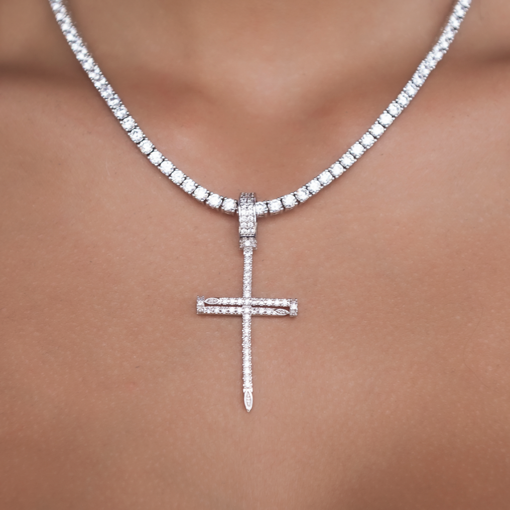 Iced Nail Cross in White Gold