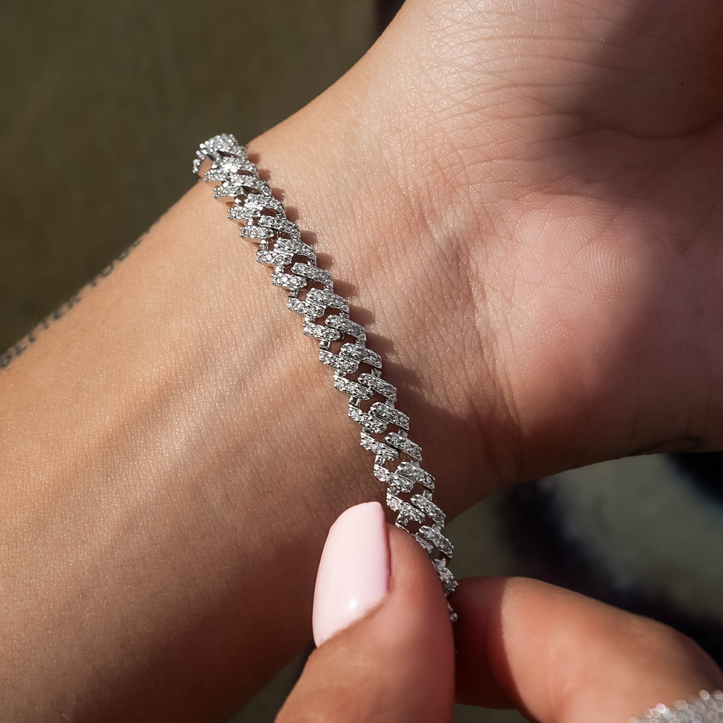 GLD Iced Handcuff Diamond Prong Cuban Bracelet in White Gold
