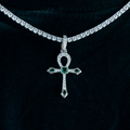 Emerald Stone Ankh Cross Pendant in White Gold