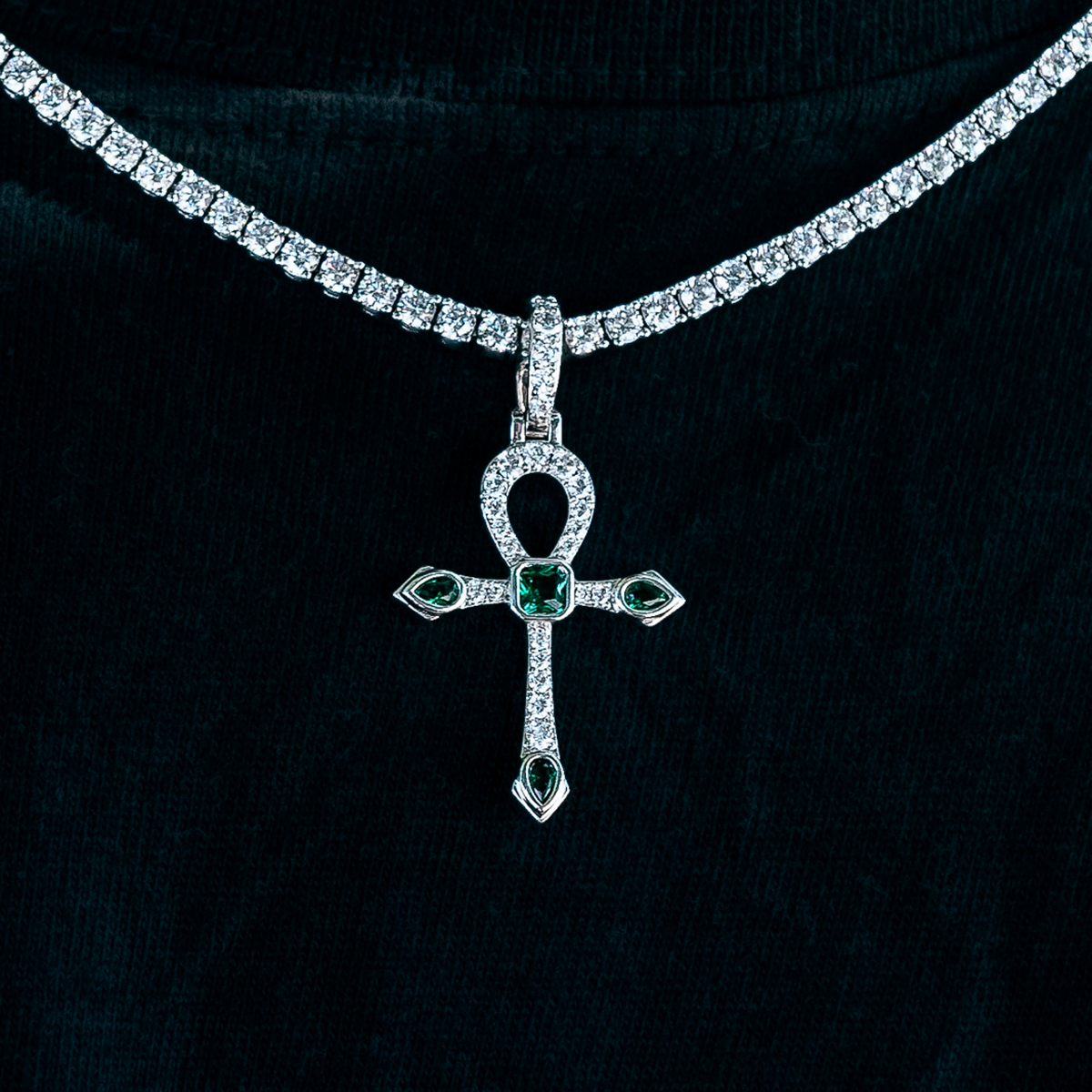 Emerald Stone Ankh Cross Pendant in White Gold