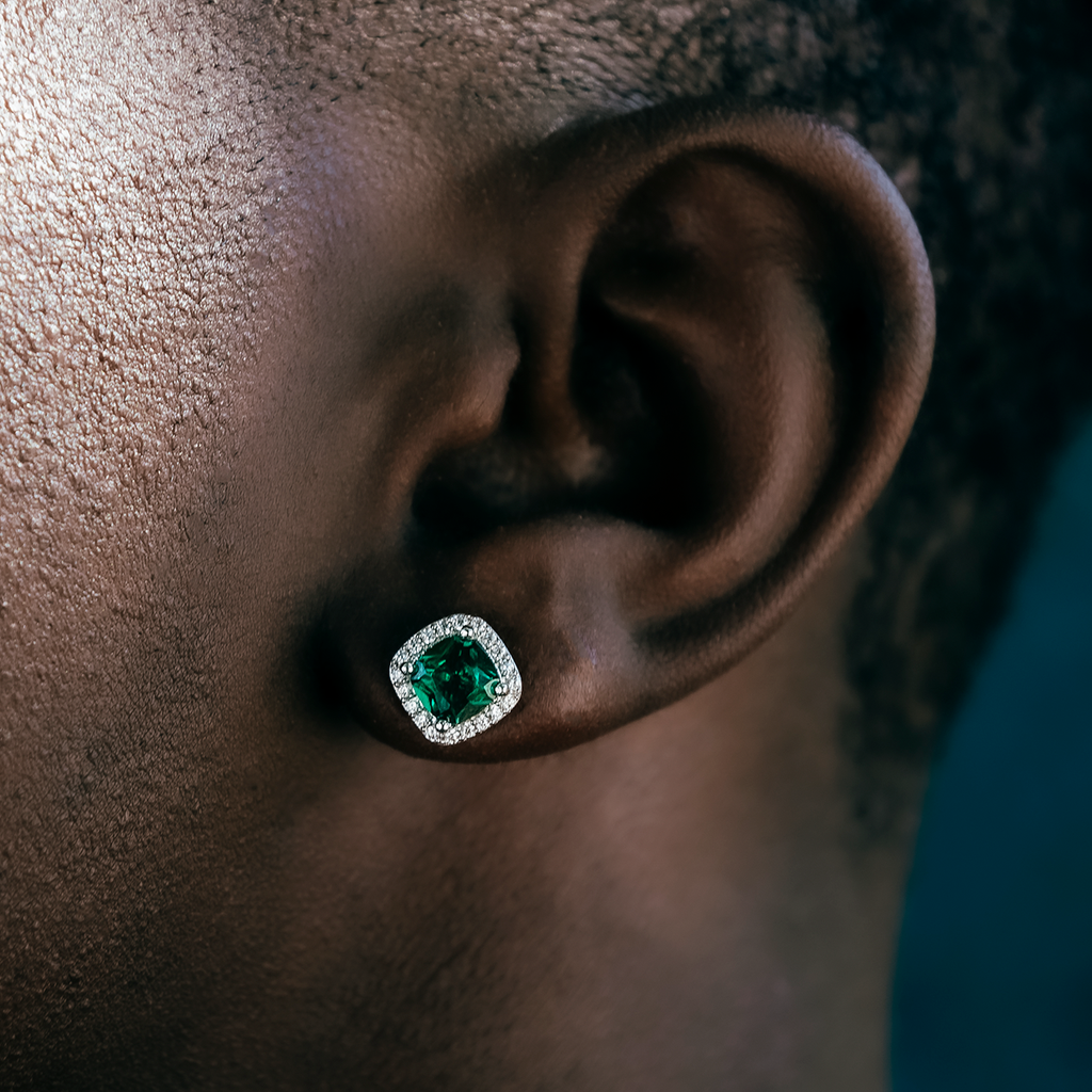Emerald Cushion Cut Earrings in White Gold