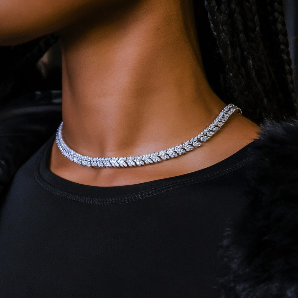 Iced Herringbone Necklace in White Gold- 7mm