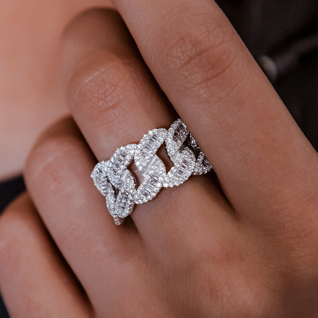 Iced Baguette Cuban Ring in White Gold Vermeil