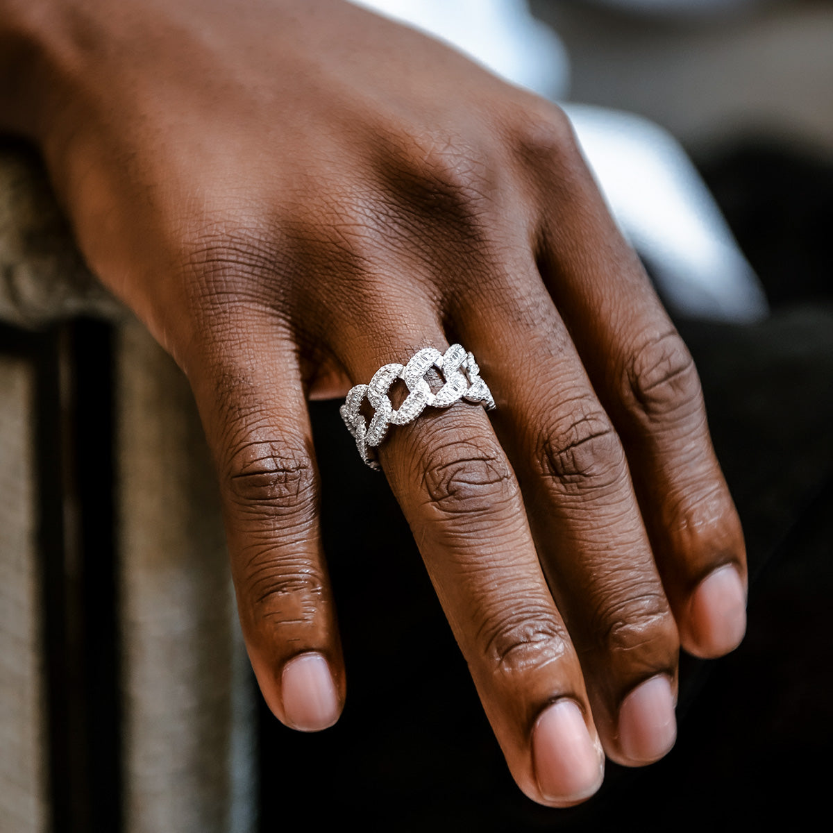 Iced Baguette Cuban Ring in White Gold Vermeil