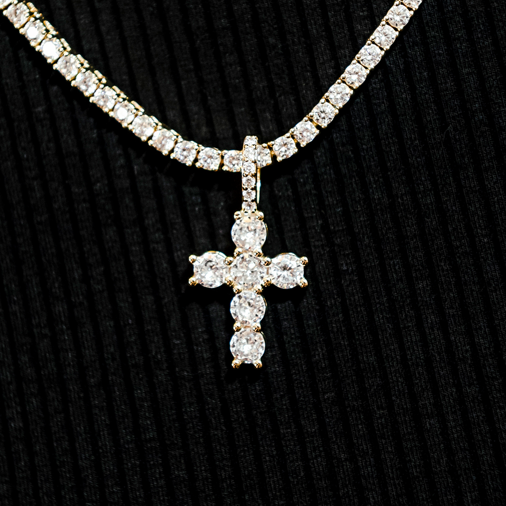 Diamond Tennis Necklace + Iced Micro Round Cross Pendant Gift Bundle in Yellow Gold - 3mm